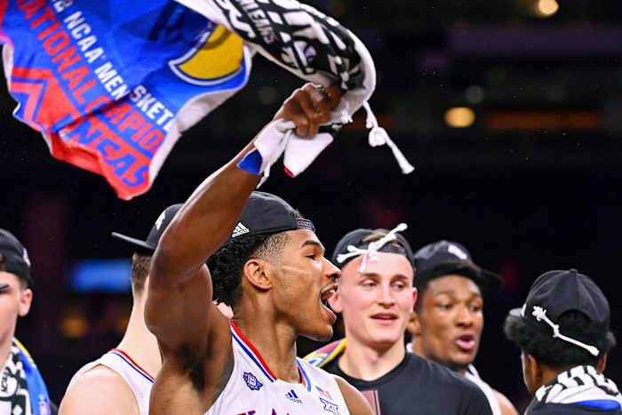 Apr 4, 2022; New Orleans, LA, USA; Kansas Jayhawks guard Ochai Agbaji (30) celebrates their win against the North Carolina Tar Heels in the 2022 NCAA men's basketball tournament Final Four championship game at Caesars Superdome.